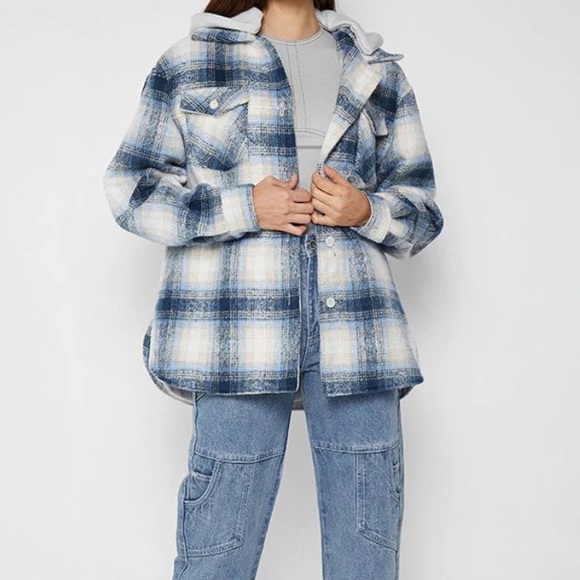 Maniere de voir CHECKED SHACKET WITH JERSEY HOOD - BLUE - Picture 2 of 5